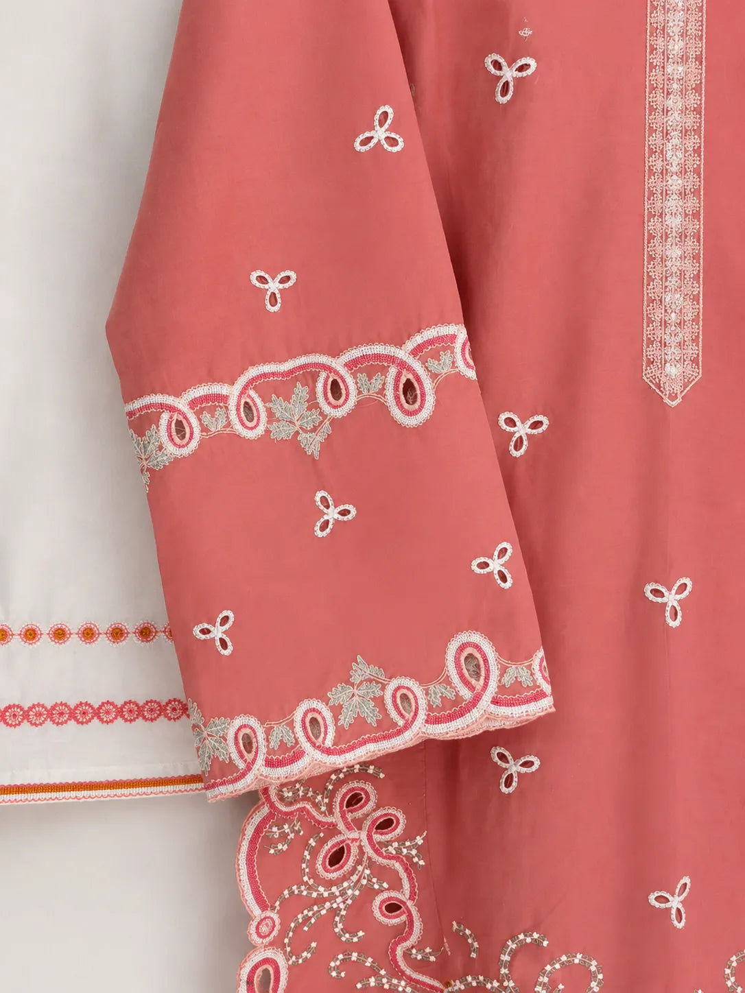 Salmon Pink Short Embroidered Lawn 3-Piece Stitched Suit with Cutwork Hem & Off-White Embroidered Trouser