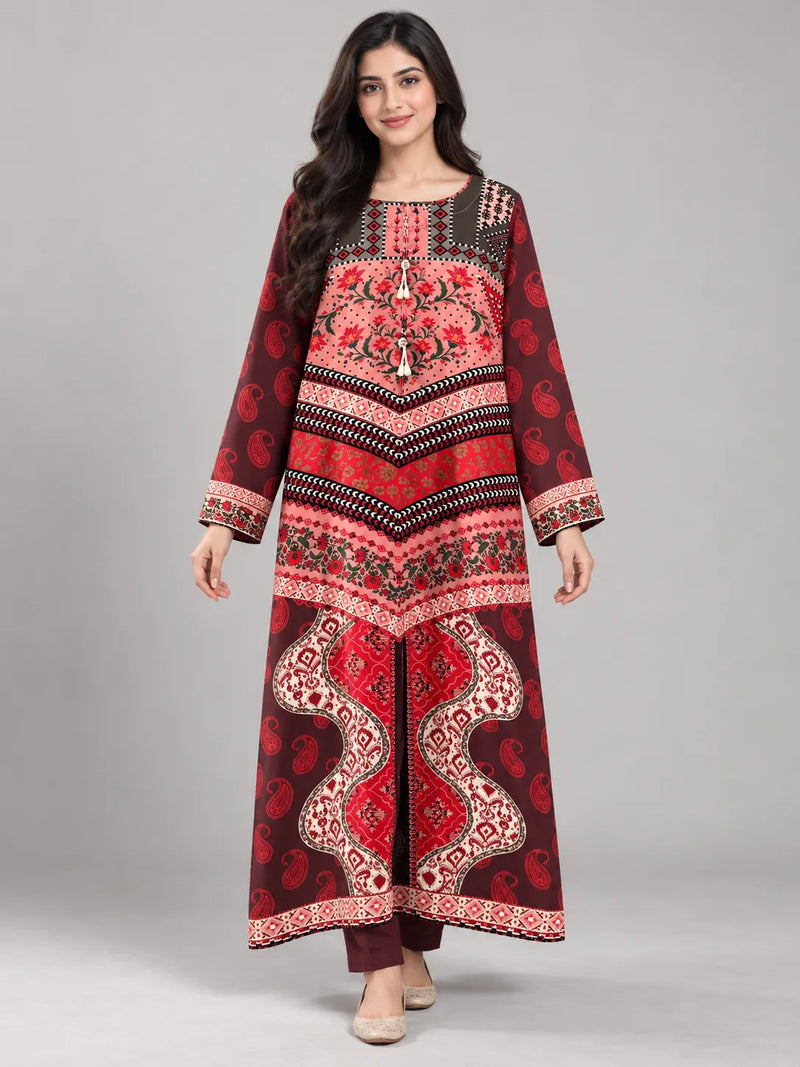 Bright Red Printed Lawn 3 Piece Kaftan Suit | Ornate Neckline & Matching Dupatta