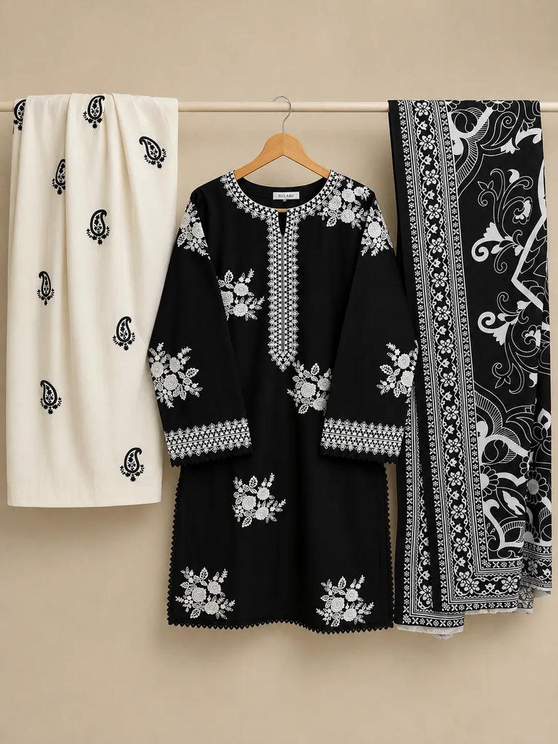 Black & White Embroidered Lawn 3-Piece Shalwar Kameez Suit with Bamber Dupatta