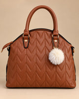 Brown Quilted Leather Top-Handle Satchel Bag | Fur Pom Pom Charm