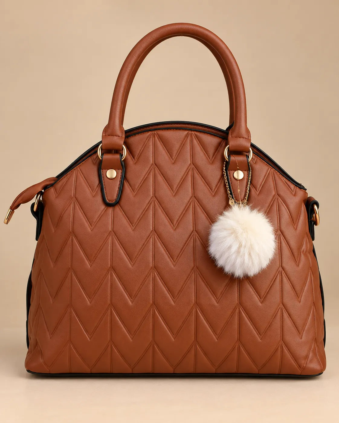 Brown Quilted Leather Top-Handle Satchel Bag | Fur Pom Pom Charm