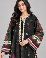 Black & Maroon Printed Lawn 2 Piece Kaftan Suit | Embroidered Neckline & Printed Trousers
