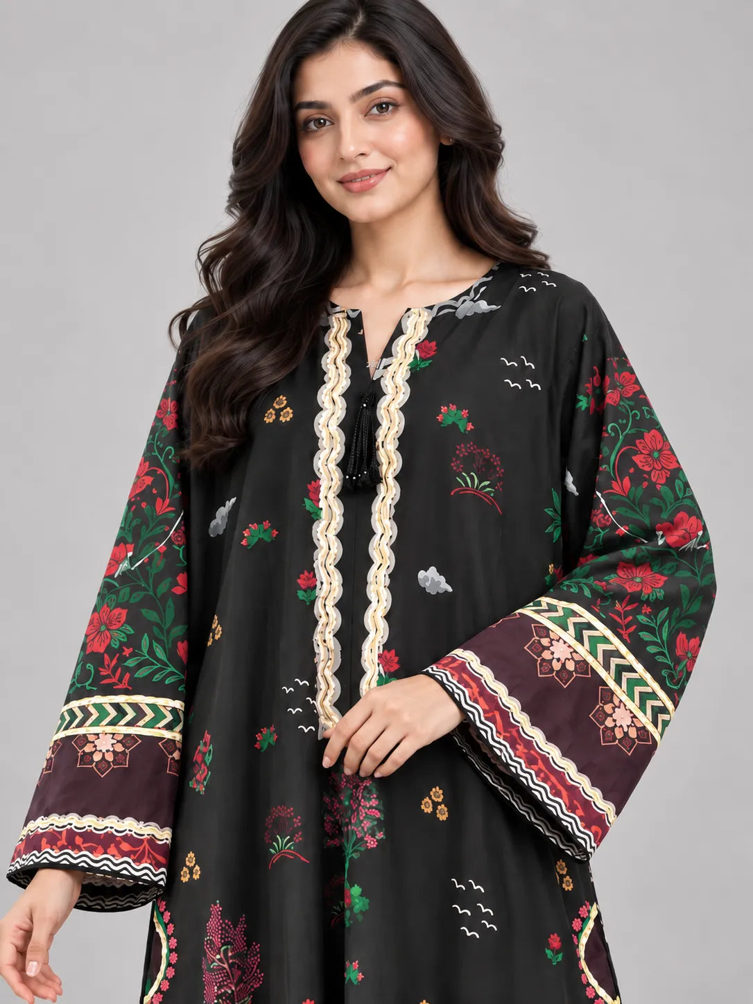 Black & Maroon Printed Lawn 2 Piece Kaftan Suit | Embroidered Neckline & Printed Trousers