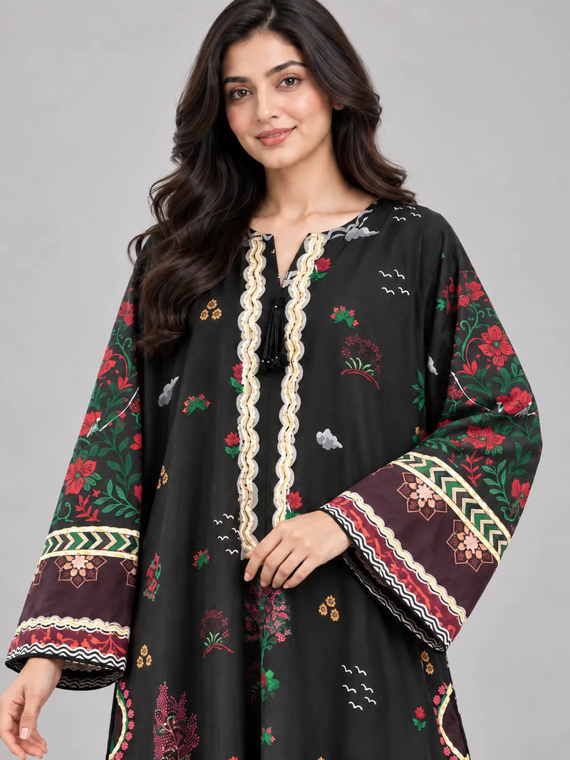 Black & Maroon Printed Lawn 2 Piece Kaftan Suit | Embroidered Neckline & Printed Trousers