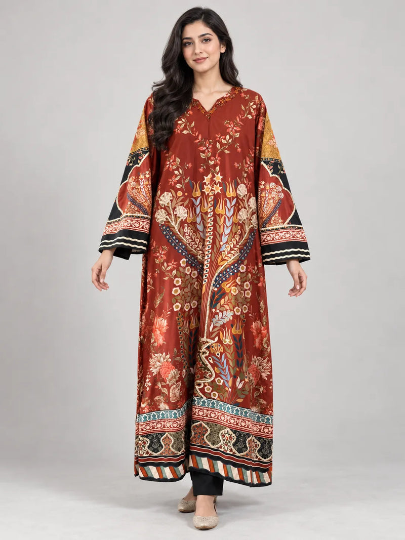 Rust Floral Printed Lawn 2 Piece Kaftan Suit | Printed Neckline & Matching Trousers