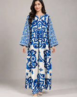 Turkish Print Blue & White Lawn 2 Piece Kaftan Suit | Tile Neckline & Matching Trousers