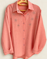 Peach Pink Crinkle Georgette 2-Piece Co-Ord Set with Embroidered Star Accents & Wide-Leg Trousers