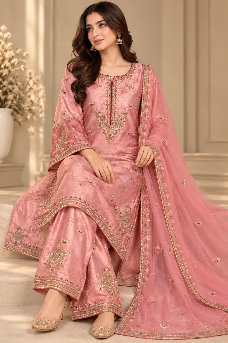 Dusty Rose Pink Embroidered China Patti 3-Piece Pakistani Suit with Dupatta | Sufaab