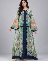 Inkish Blue & Grey Printed Lawn 2 Piece Kaftan Suit | Embroidered Front & Printed Trousers