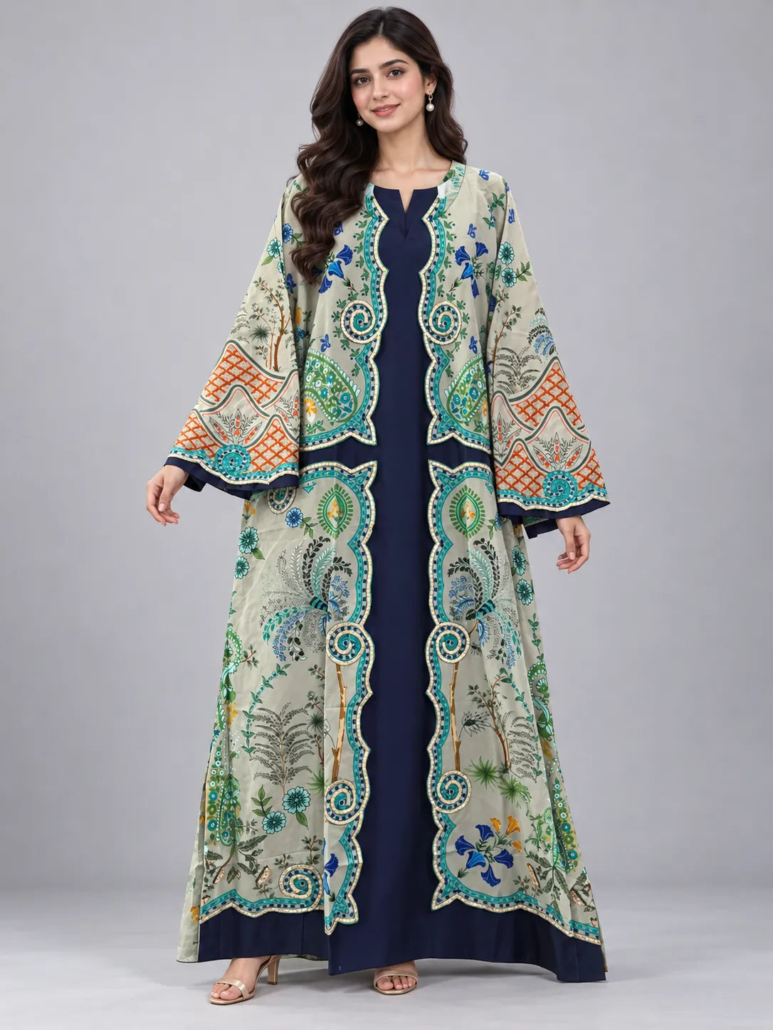 Inkish Blue & Grey Printed Lawn 2 Piece Kaftan Suit | Embroidered Front & Printed Trousers