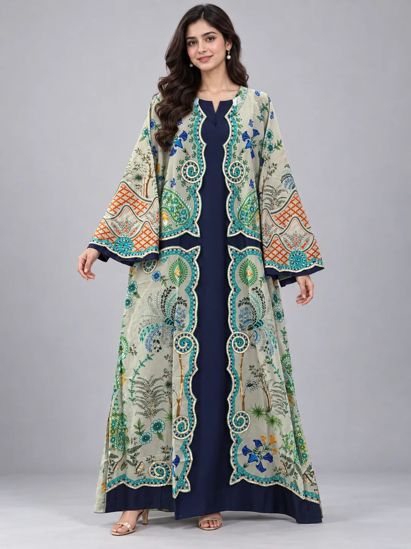 Inkish Blue & Grey Printed Lawn 2 Piece Kaftan Suit | Embroidered Front & Printed Trousers