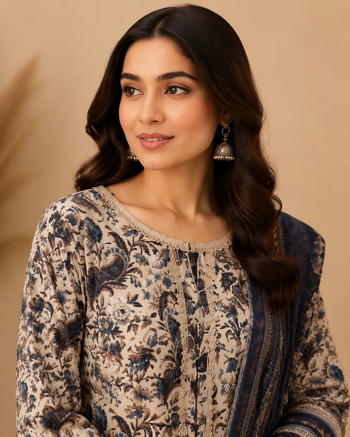 Navy Blue & Beige Printed Lawn 3 Piece Suit | Detailed Neckline & Contrasting Dupatta