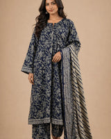 Navy Blue Floral Lawn 3 Piece Suit | Tassel Neckline & Matching Dupatta