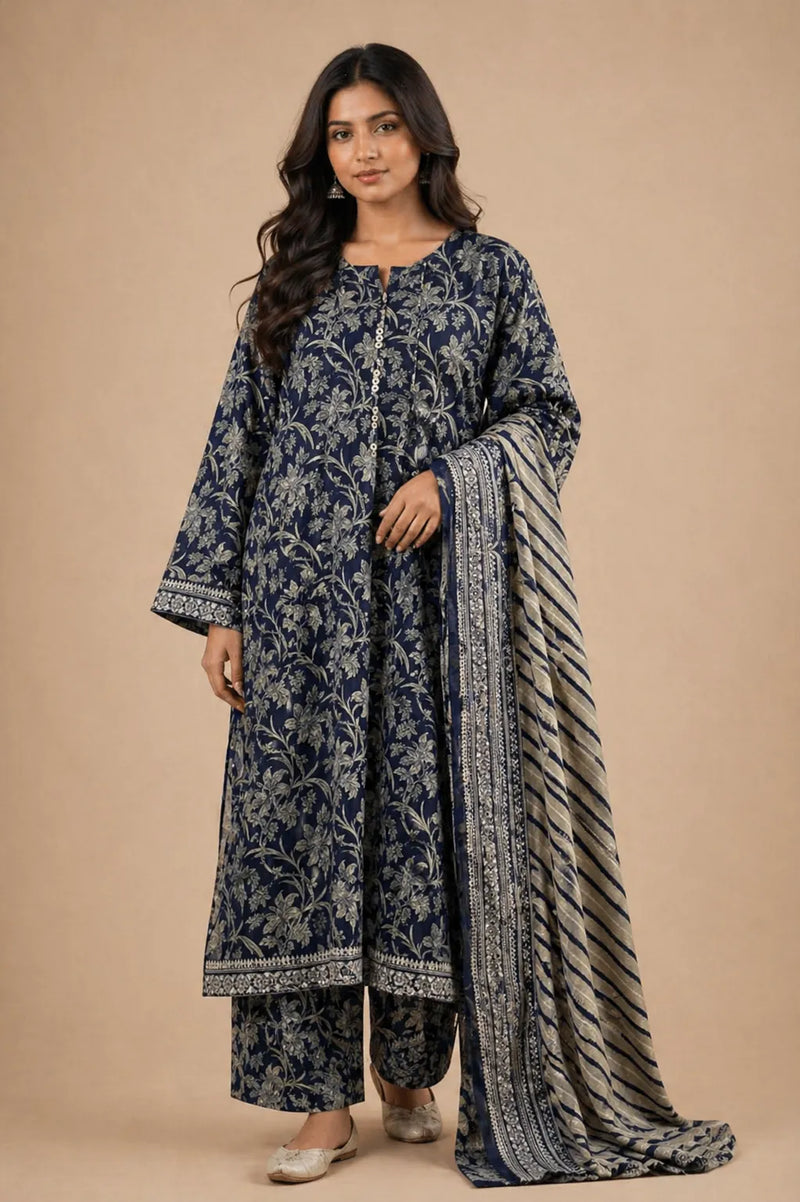 Navy Blue Floral Lawn 3 Piece Suit | Tassel Neckline & Matching Dupatta