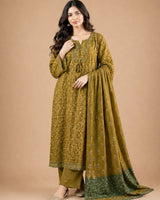Olive Green Printed Lawn 3 Piece Suit | Tassel Neckline & Bordered Dupatta