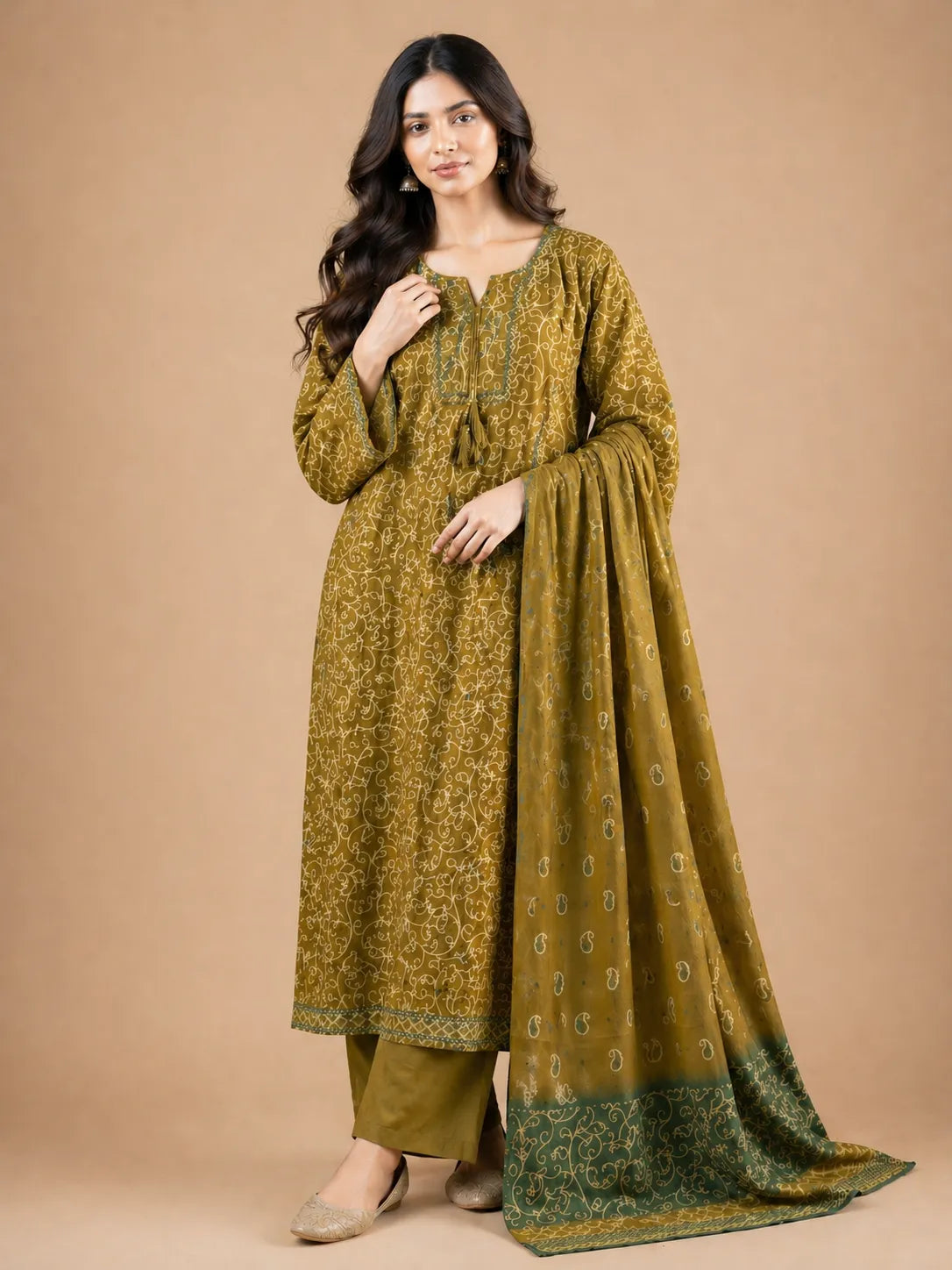 Olive Green Printed Lawn 3 Piece Suit | Tassel Neckline & Bordered Dupatta