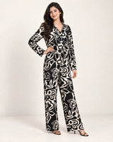 Women's Black & Cream Abstract Floral Printed Cropped Co-Ord Set with Wide-Leg Trousers