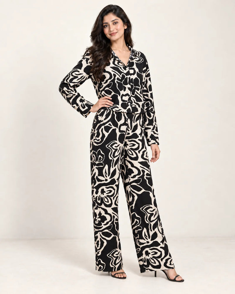 Women's Black & Cream Abstract Floral Printed Cropped Co-Ord Set with Wide-Leg Trousers