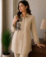 Beige Skin Cotton 2-Piece Co-Ord Set with Black Floral Shoulder Embroidery & Trousers