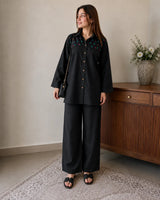 Black Cotton 2-Piece Co-Ord Set with Colorful French Knot Yoke Details & Wide-Leg Trousers