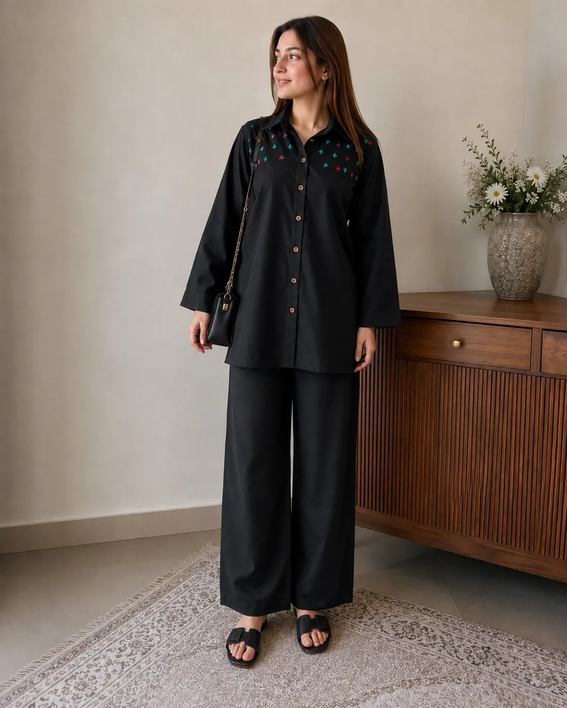 Black Cotton 2-Piece Co-Ord Set with Colorful French Knot Yoke Details & Wide-Leg Trousers