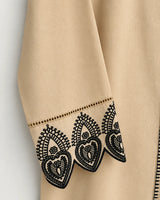 Beige Skin Soft Cotton 2-Piece Co-Ord Set with Black Embroidered Placket & Cutwork Lace Cuffs