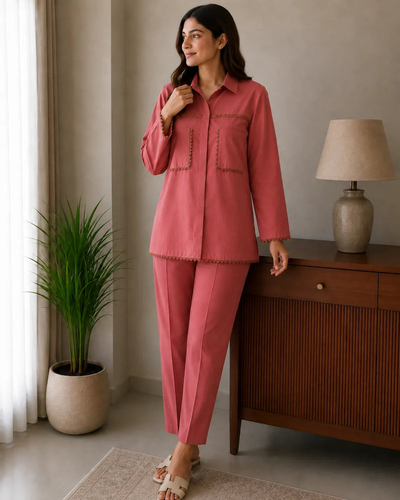 Salmon Pink Cotton 2-Piece Co-Ord Set with Contrast Stitching Details & Straight Trousers