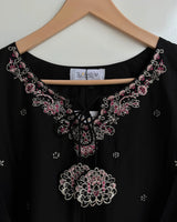 Black Embroidered Long Shirt 3-Piece Stitched Suit with Neckline Tassels & Bamber Dupatta