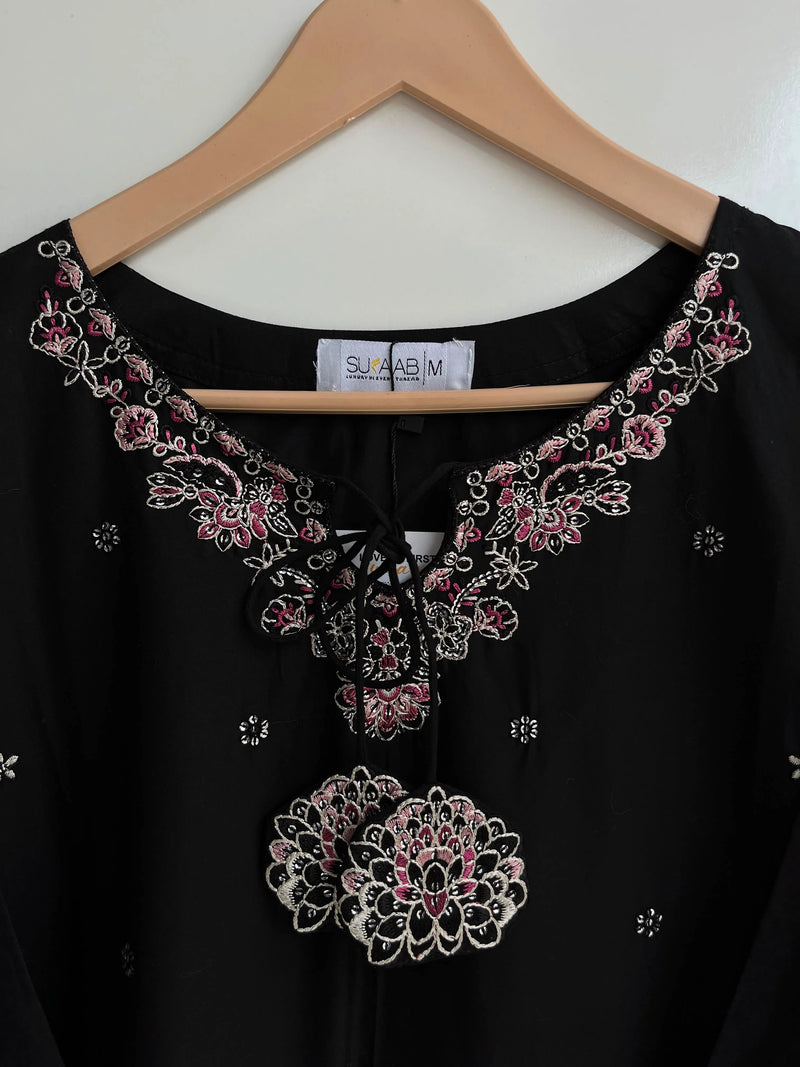 Black Embroidered Long Shirt 3-Piece Stitched Suit with Neckline Tassels & Bamber Dupatta