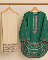 Emerald Green Embroidered 2-Piece Stitched Suit with Round Hem & Embroidered Trouser