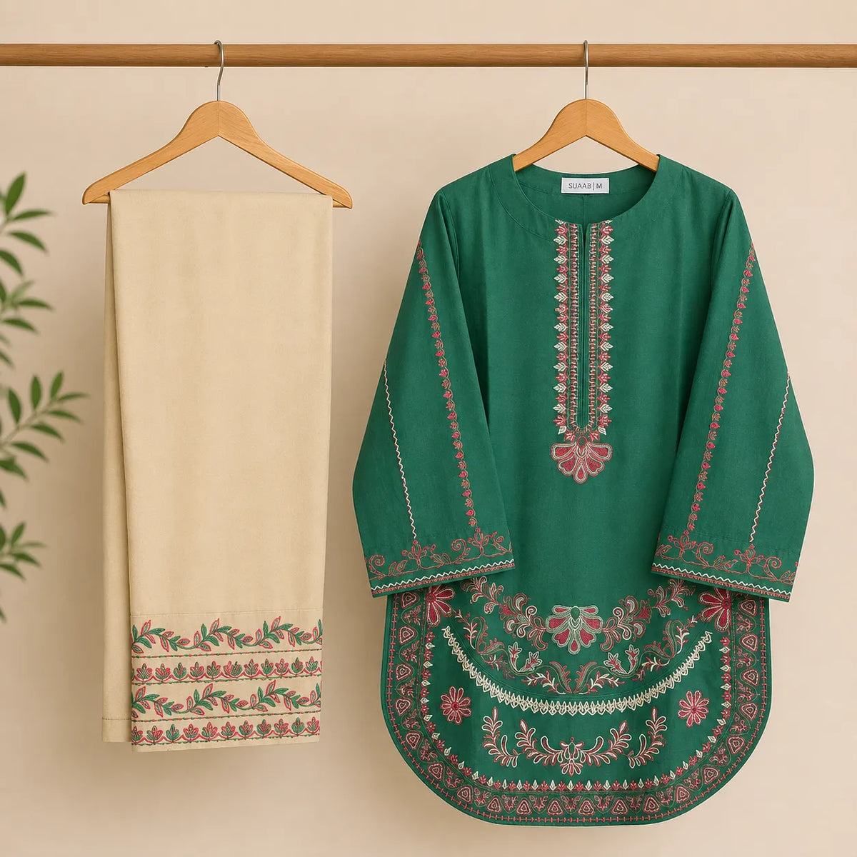 Emerald Green Embroidered 2-Piece Stitched Suit with Round Hem & Embroidered Trouser