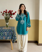 Teal Blue Embroidered Lawn Short Kurti 2-Piece Stitched Suit with Off-White Embroidered Shalwar
