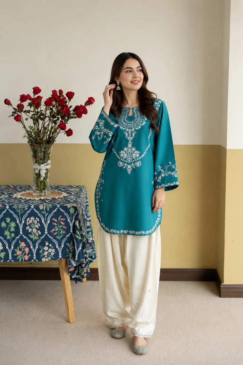 Teal Blue Embroidered Lawn Short Kurti 2-Piece Stitched Suit with Off-White Embroidered Shalwar