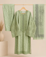 Pistachio Olive Green Embroidered Lawn 3-Piece Stitched Suit with Baggy Cutwork Sleeves & Bamber Chiffon Dupatta