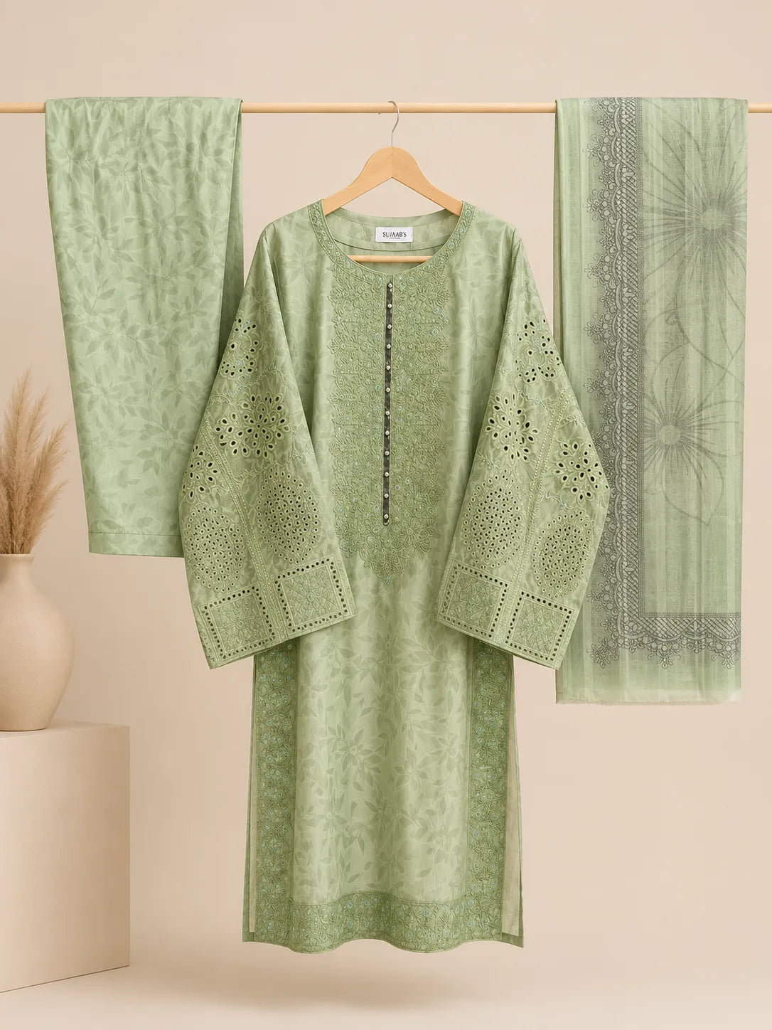 Pistachio Olive Green Embroidered Lawn 3-Piece Stitched Suit with Baggy Cutwork Sleeves & Bamber Chiffon Dupatta