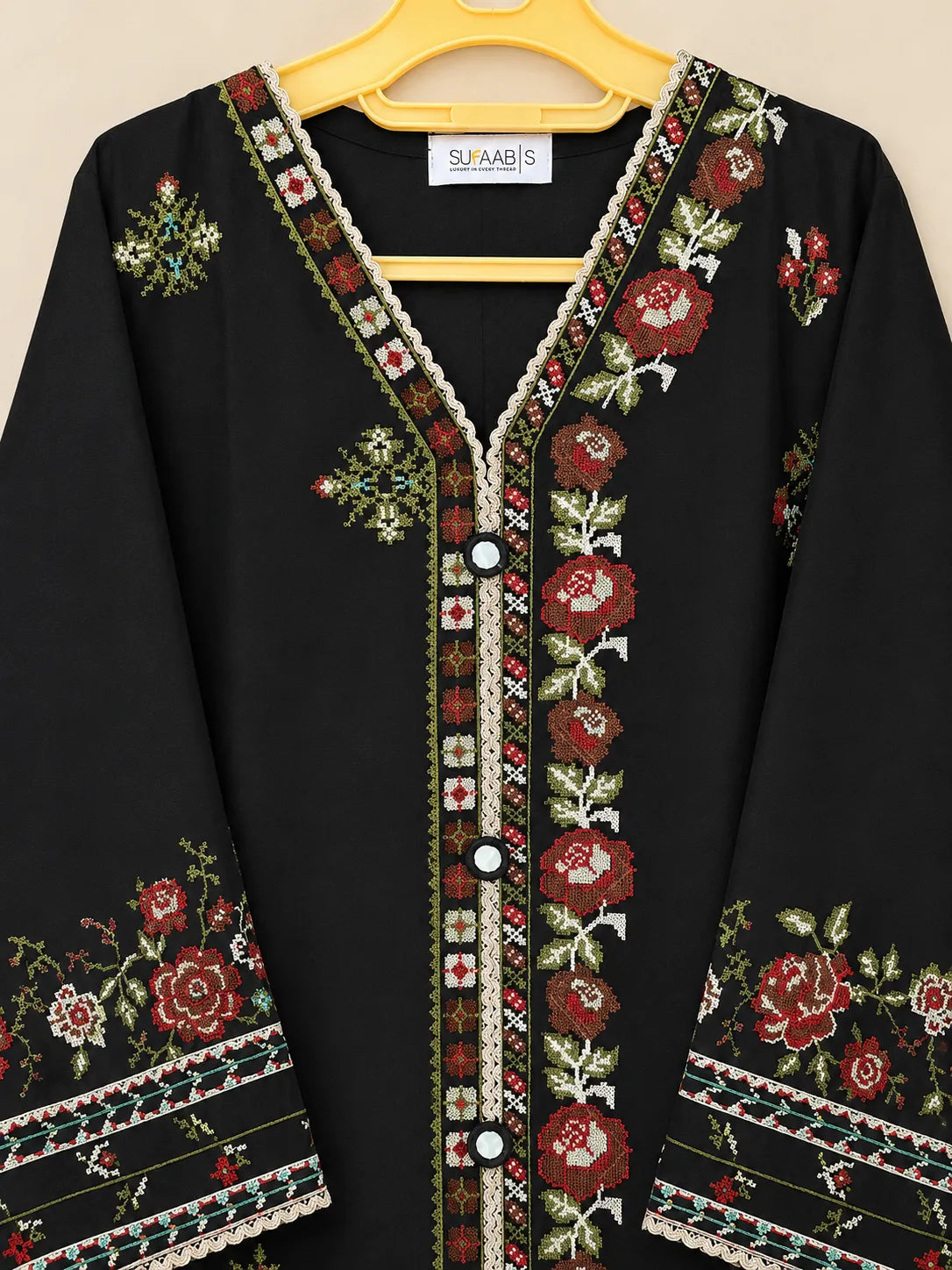 Black & Red Embroidered Short Kurti 3-Piece Stitched Suit with Shalwar