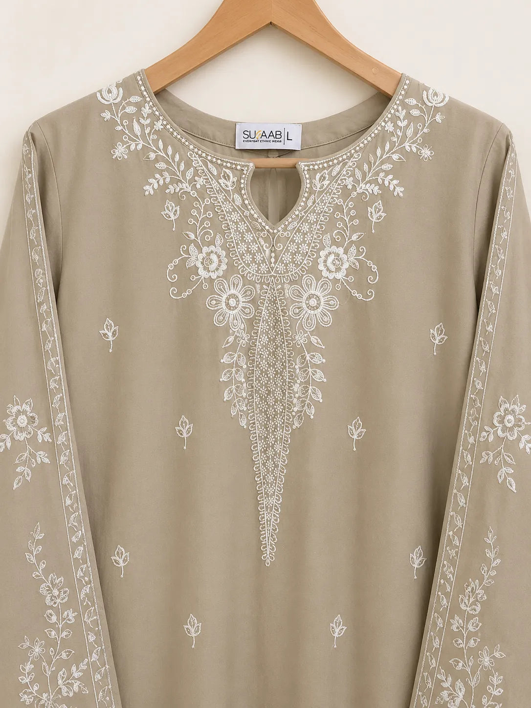 Beige Grey Embroidered 3-Piece Stitched Suit with Printed Bamber Dupatta