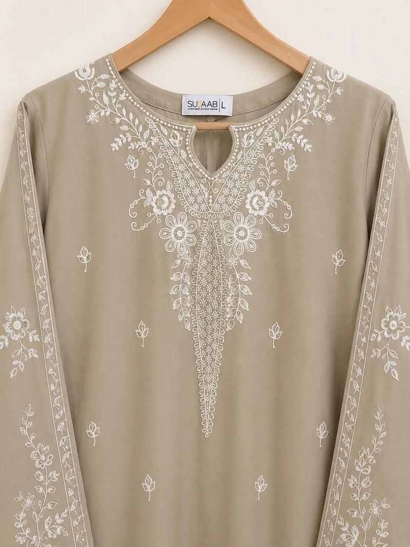 Beige Grey Embroidered 3-Piece Stitched Suit with Printed Bamber Dupatta