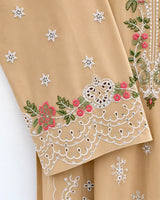 Beige / Skin Floral Embroidered Lawn 3-Piece Stitched Suit with Schiffli Lace Sleeves & Doriya Dupatta