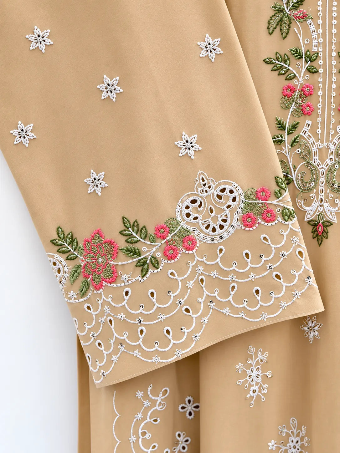 Beige / Skin Floral Embroidered Lawn 3-Piece Stitched Suit with Schiffli Lace Sleeves & Doriya Dupatta