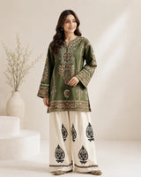 Olive Green Embroidered Short Lawn Kurti 2-Piece Stitched Suit with Off-White Embroidered Shalwar