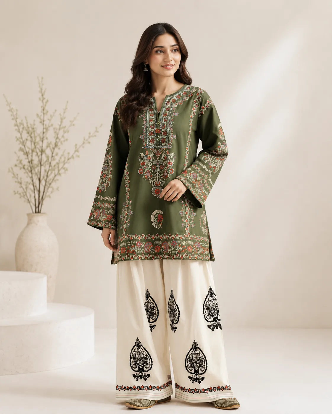Olive Green Embroidered Short Lawn Kurti 2-Piece Stitched Suit with Off-White Embroidered Shalwar
