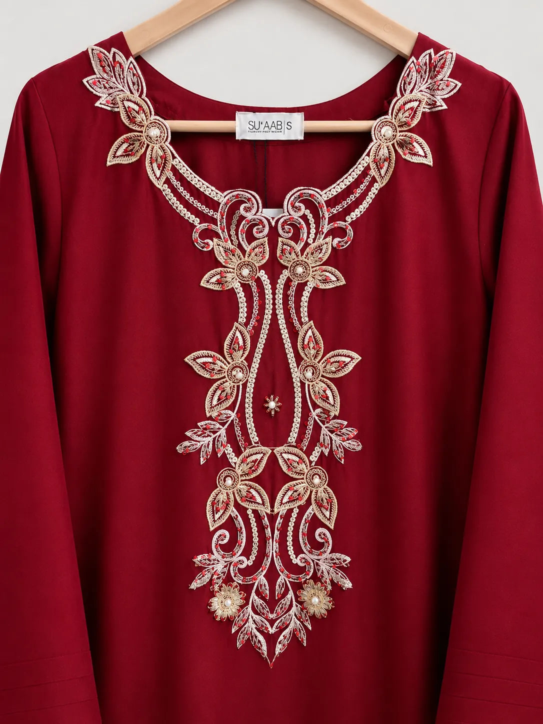 Crimson Red Embroidered Lawn 3-Piece Stitched Suit with Doriya Dupatta