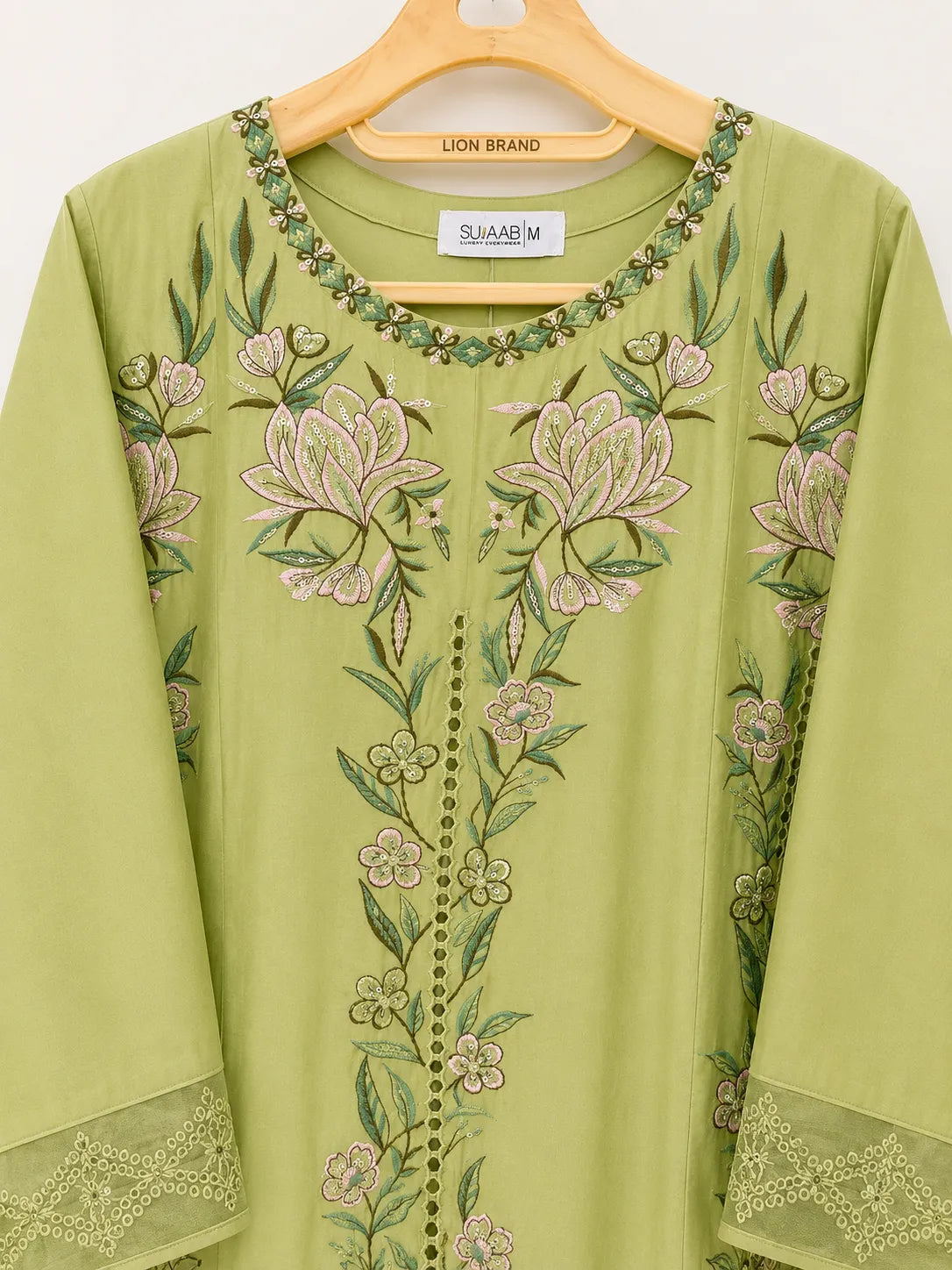 Light Pistachio Green Floral Embroidered 3-Piece Stitched Lawn Suit with Bamber Dupatta