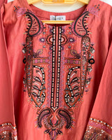Peach Pink Embroidered Short Lawn Kurti 3-Piece Stitched Suit with Farshi Shalwar & Silk Dupatta