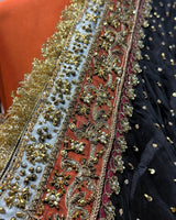 Rust Orange Formal Suit with Black Heavy Hand Embellished Shawl|Shawl Minimum Customized Days-30