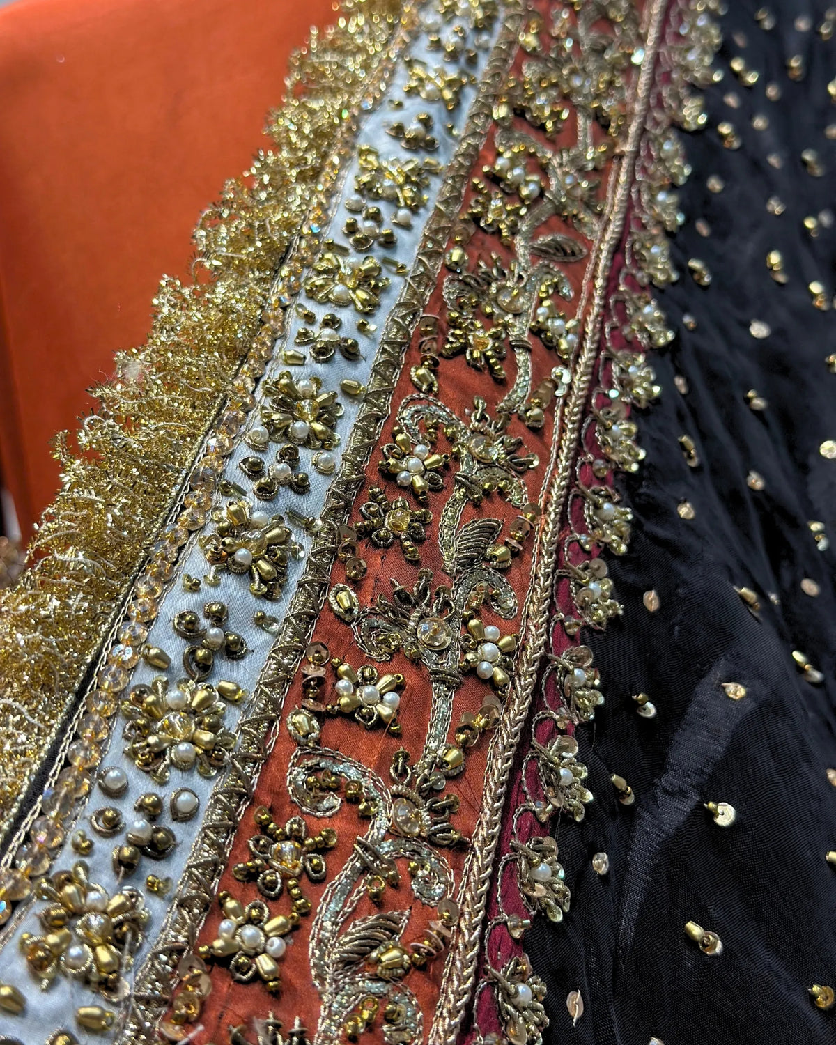 Rust Orange Formal Suit with Black Heavy Hand Embellished Shawl|Shawl Minimum Customized Days-30