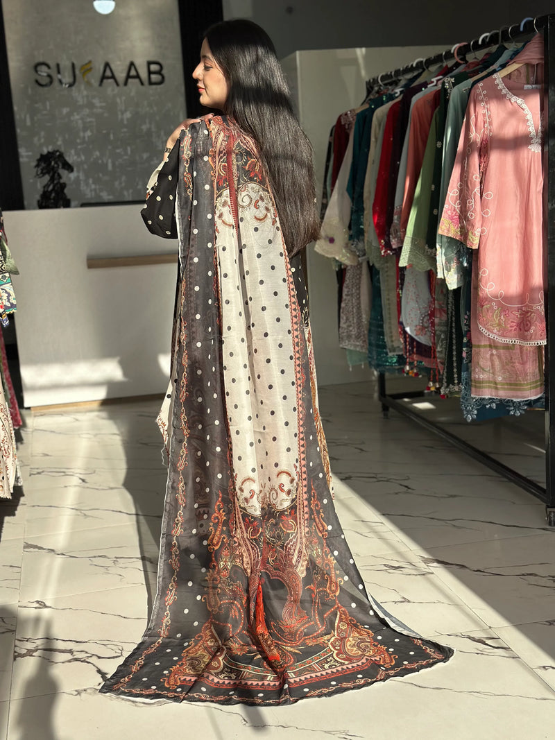 Black Dotted Lawn 3 Piece Kaftan Suit | Polka Dot Print & Matching Dupatta