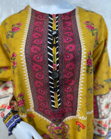Mustard Yellow Colorful Floral Lawn Kaftan 3 Piece Suit | Embroidered Placket & Patchwork Borders