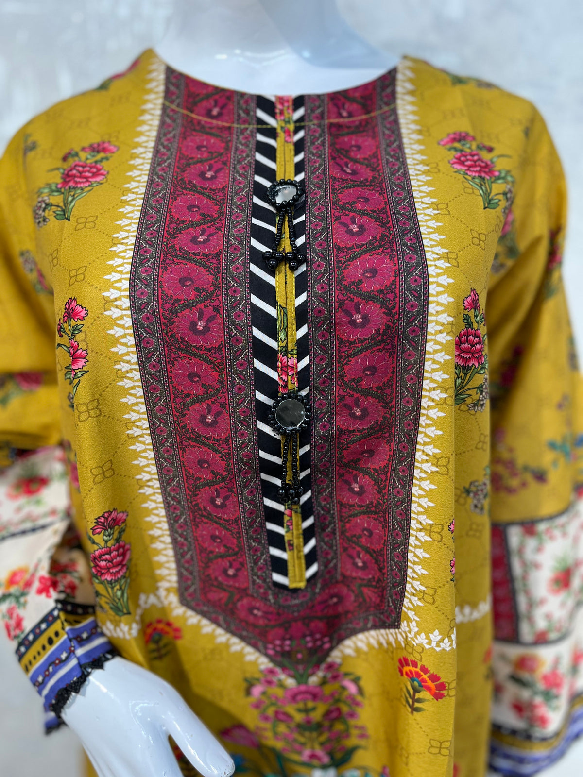 Mustard Yellow Colorful Floral Lawn Kaftan 3 Piece Suit | Embroidered Placket & Patchwork Borders